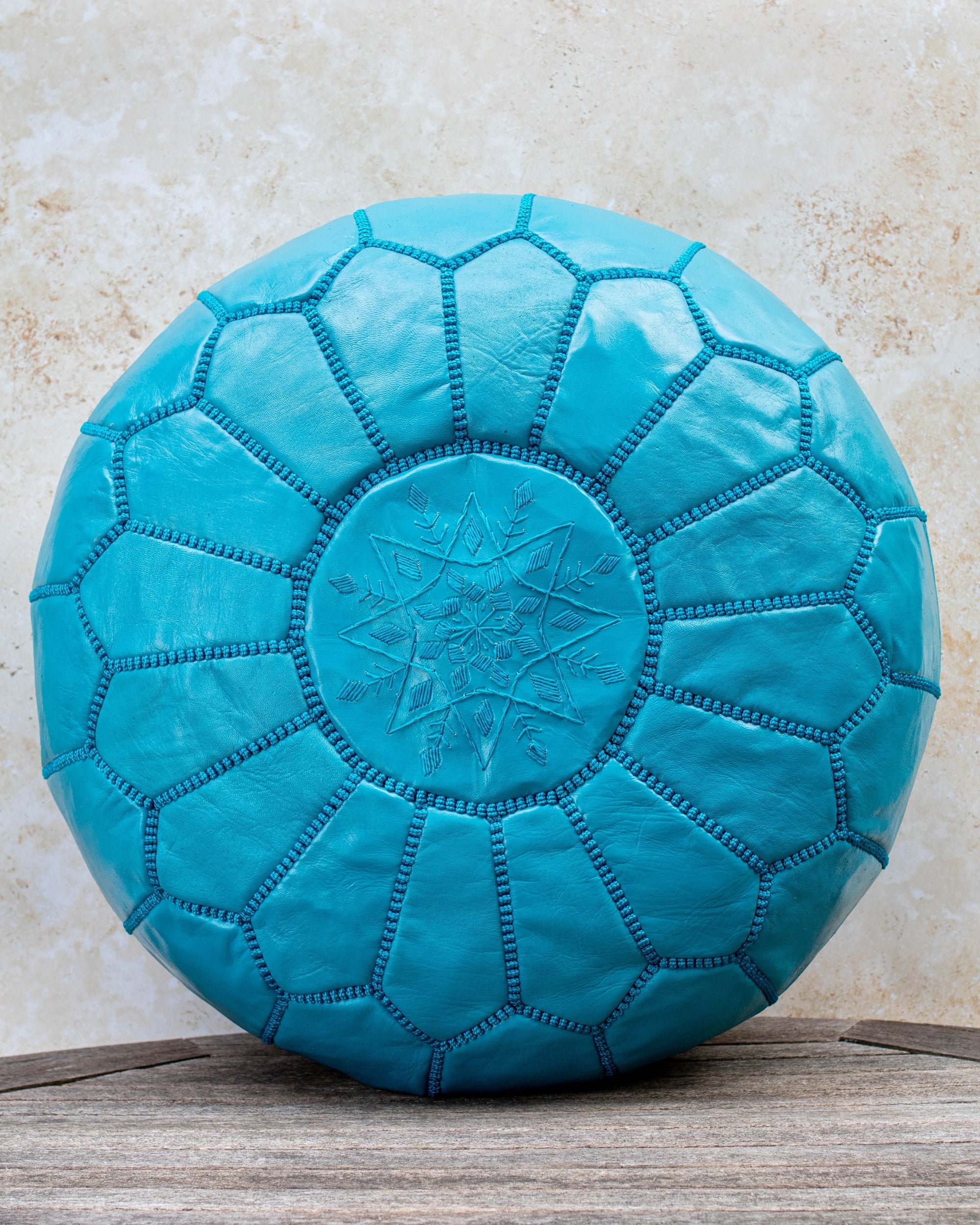 Teal blue Moroccan leather pouf – front view