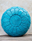 Teal blue Moroccan leather pouf – front view