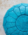 Teal leather pouf – stitch detail close up