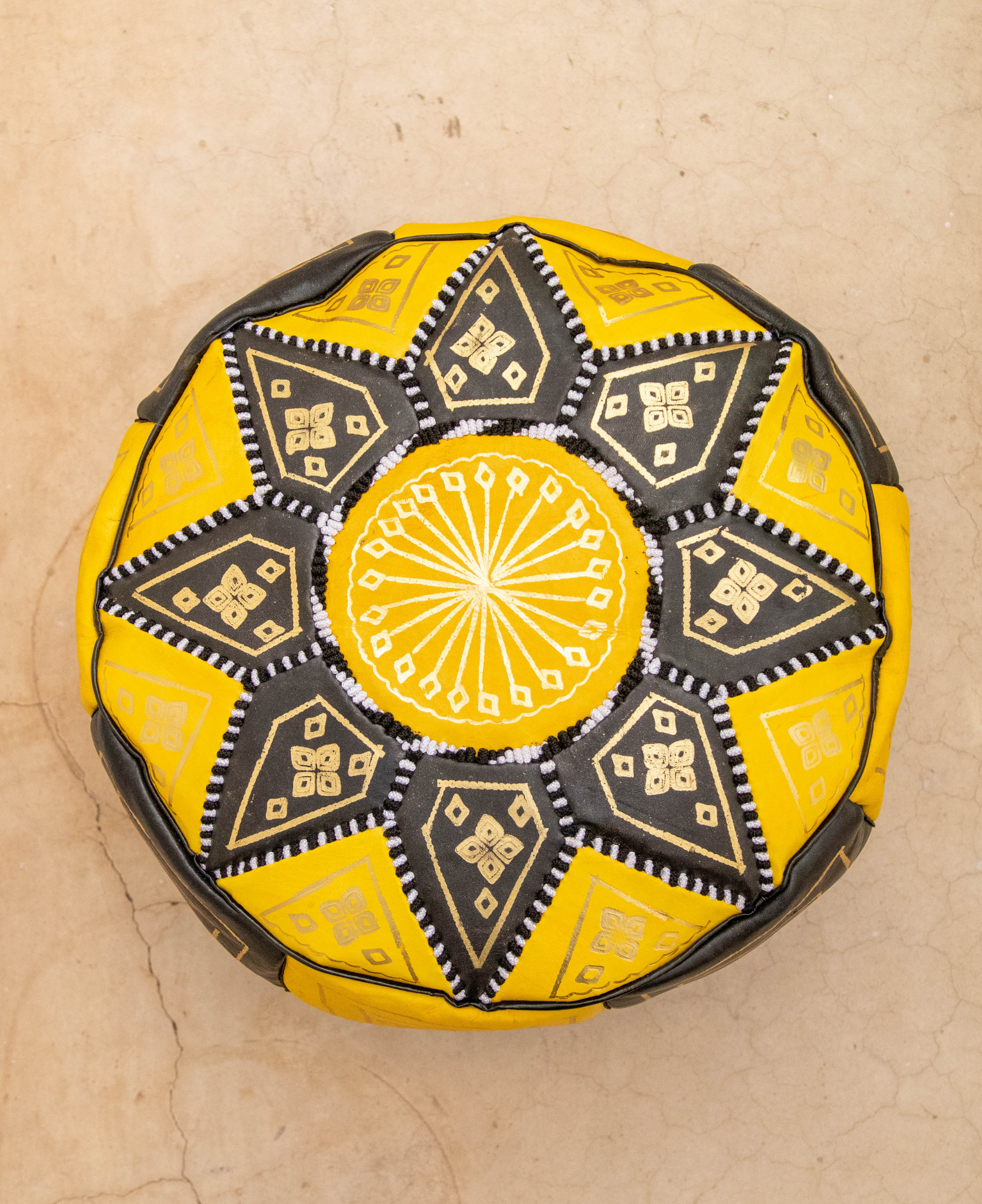 Moroccan Leather Floor Pouffe/Ottoman: Yellow & Gold