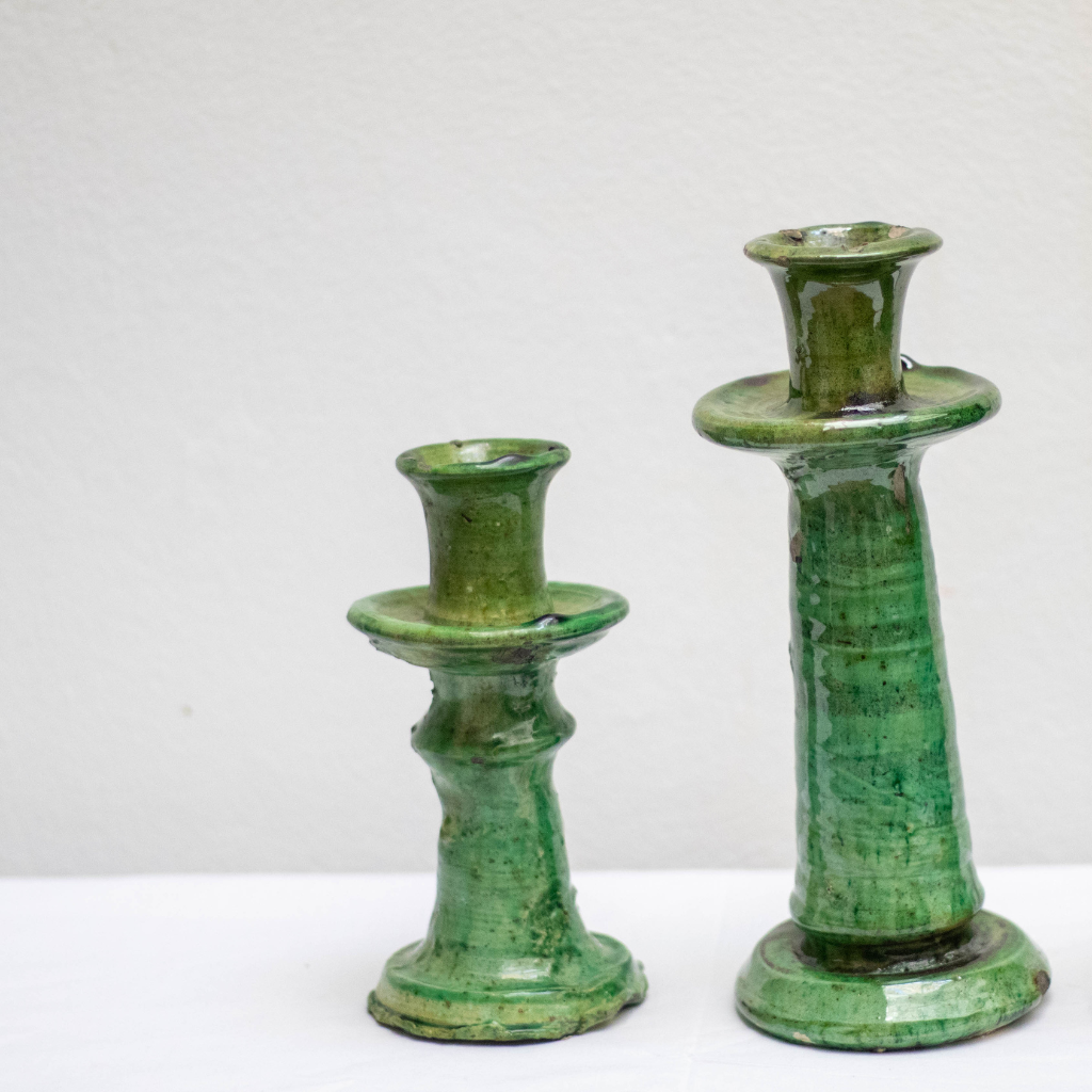 Handmade Moroccan Vintage Tamegroute Shaded Green Candlestick Set of 3