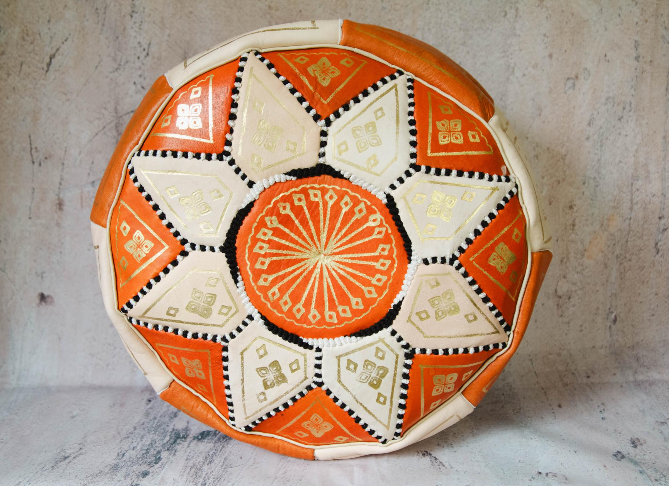 Moroccan Leather Pouf in Orange & Gold - Leather Poufe Ottoman