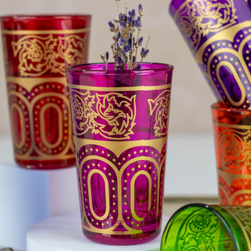 Moroccan Tea Glasses Multi Coloured Frosted Glass with Pattern Set of 6