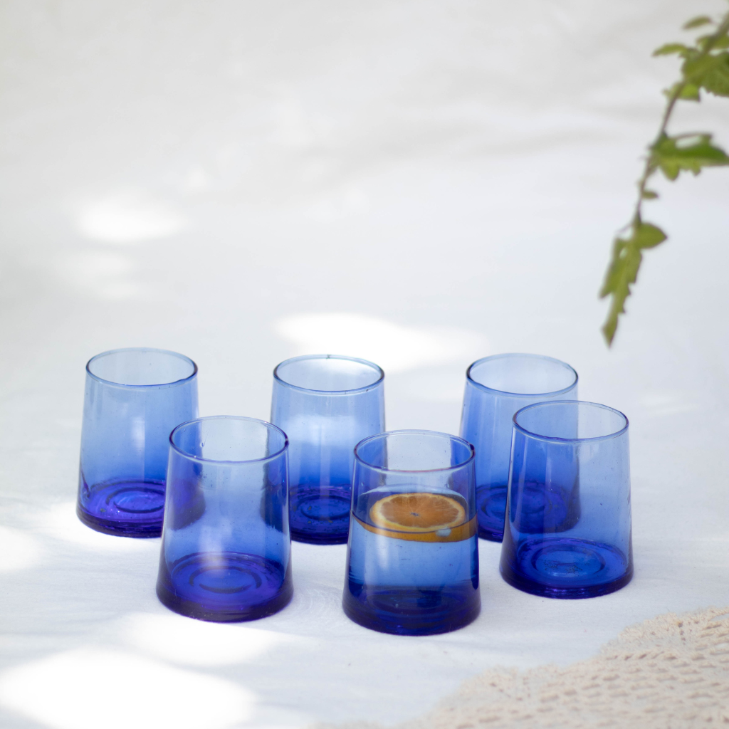 Set of 6 Recycled Moroccan Tumbler Highball Beldi Glass Blue