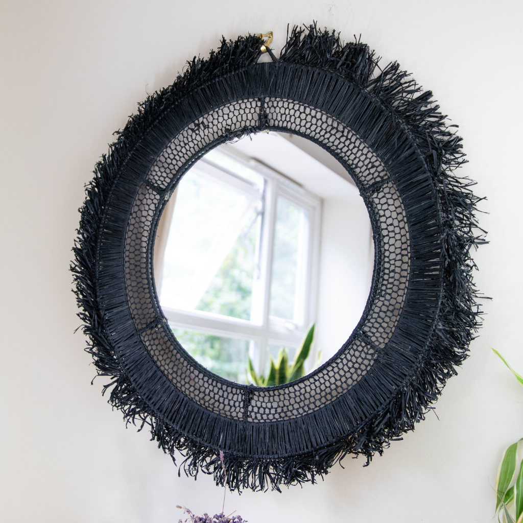 Bohemian Moroccan Handcrafted Wall Mirror: Round - Black Raffia