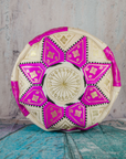 Moroccan Leather Pouffe in Fuchsia & Gold -  Leather Poufe Ottoman Moroccan Floor Pouffs