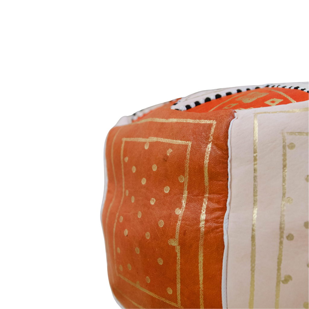 Moroccan Leather Floor Pouffe/Ottoman: Orange &amp; Gold