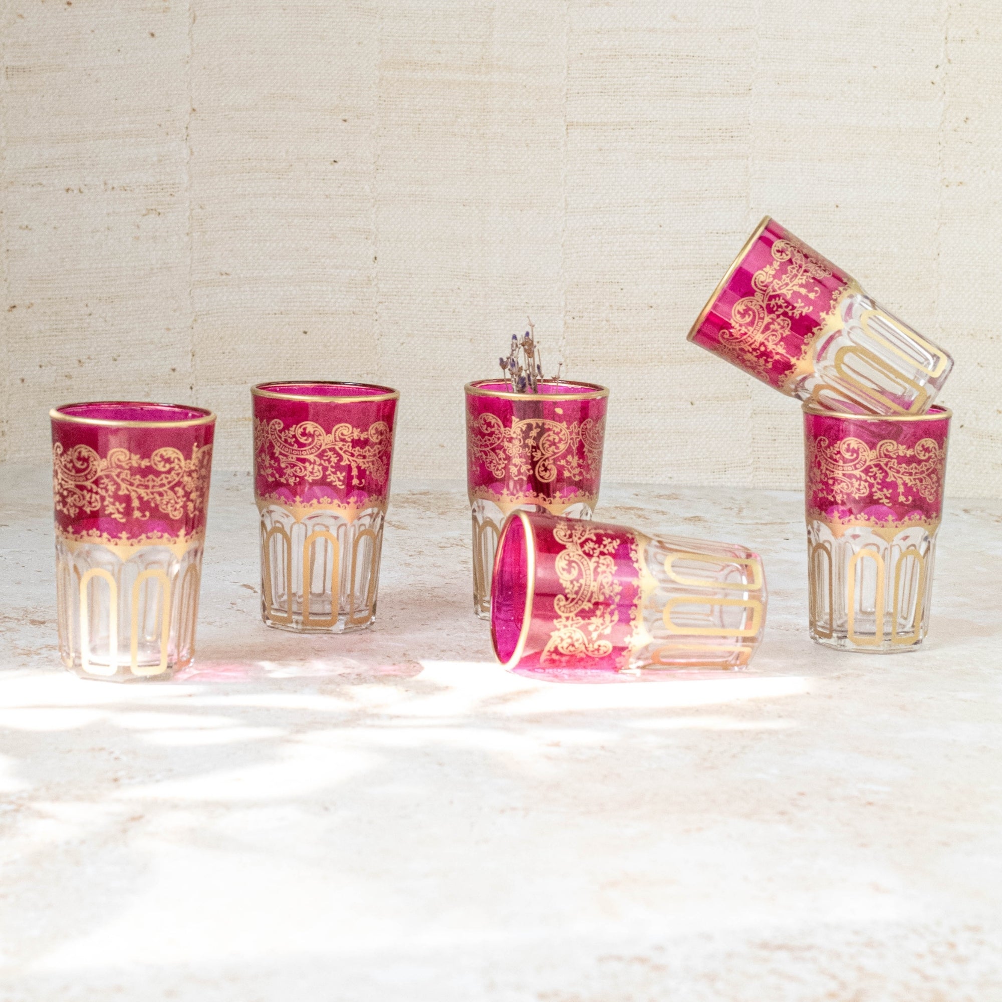 Moroccan Tea Glasses – Fuchsia Pink & Gold Set of 6