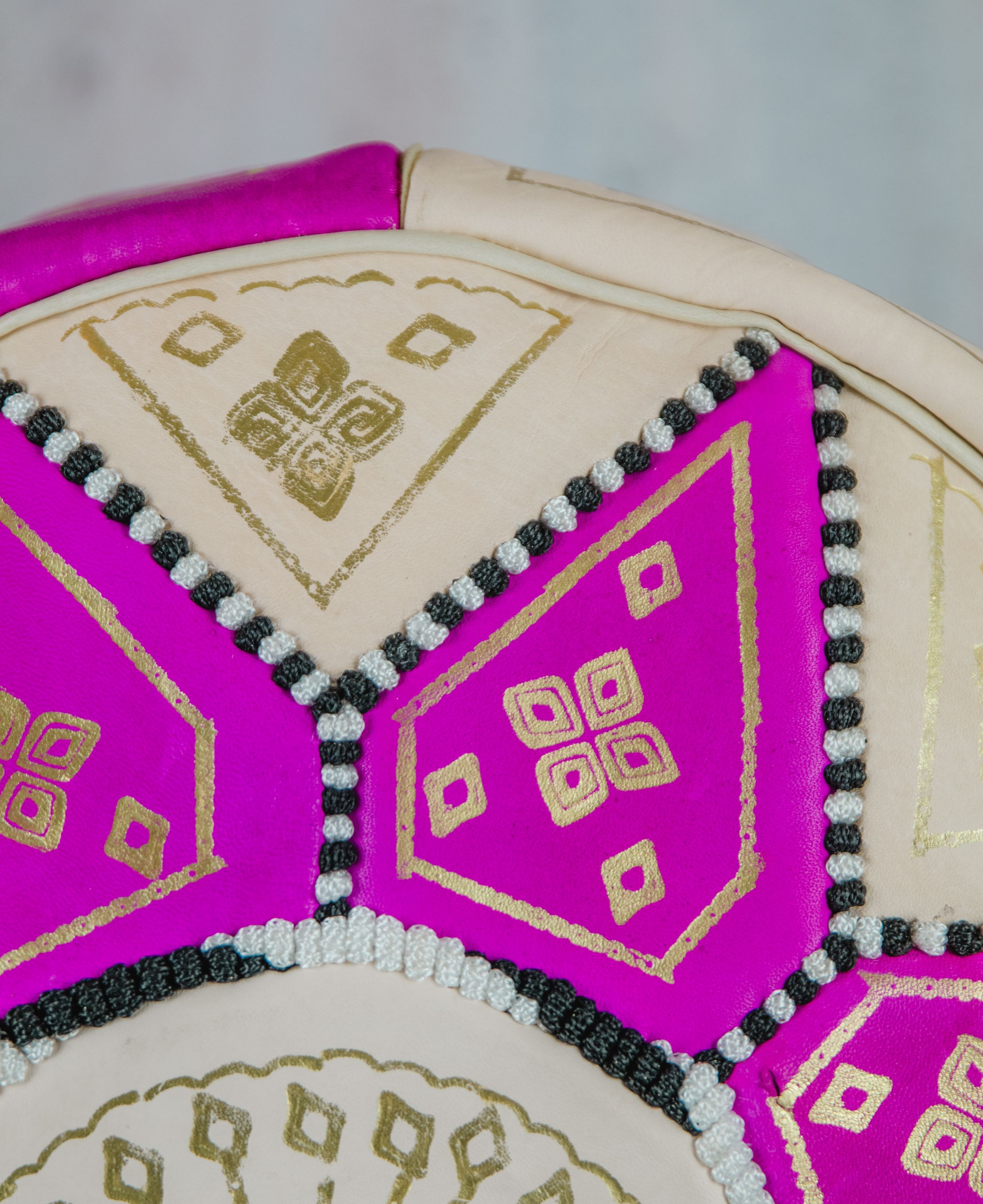 Moroccan Leather Pouffe in Fuchsia & Gold -  Leather Poufe Ottoman Moroccan Floor Pouffs