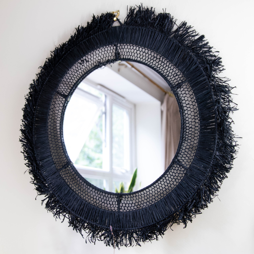 Bohemian Moroccan Handcrafted Wall Mirror: Round - Black Raffia