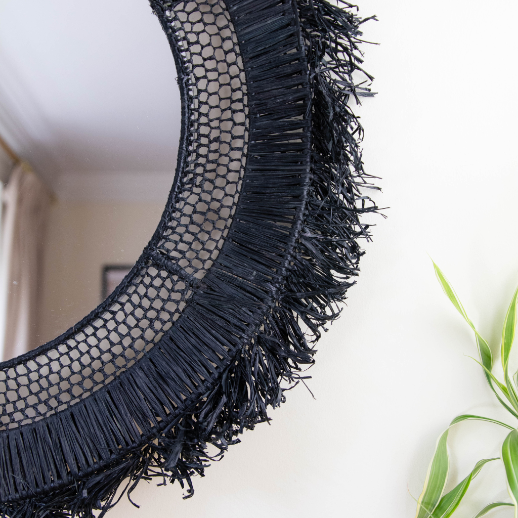 Bohemian Moroccan Handcrafted Wall Mirror: Round - Black Raffia