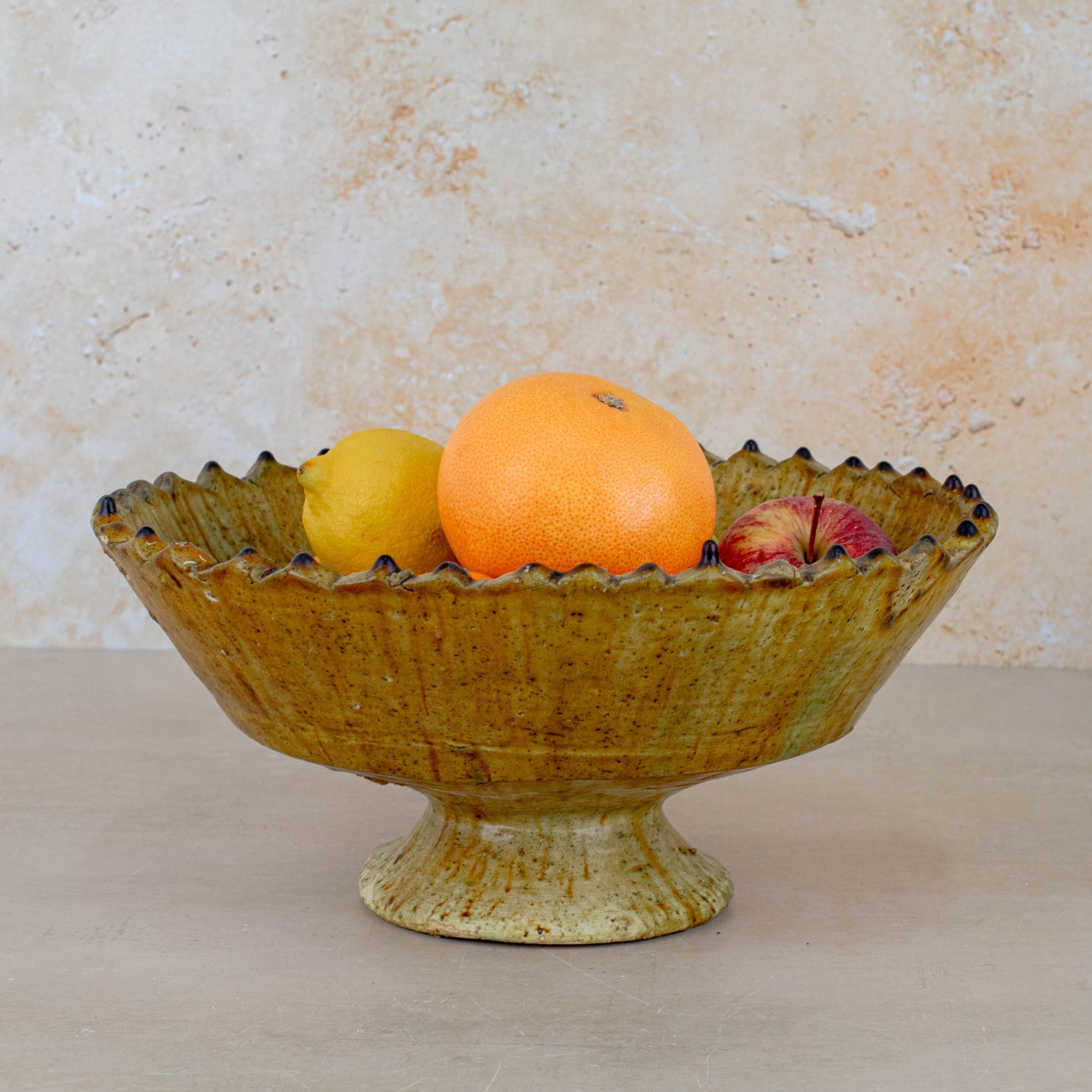 Handmade Tamegroute Pottery Pedestal Bowl - Ochre
