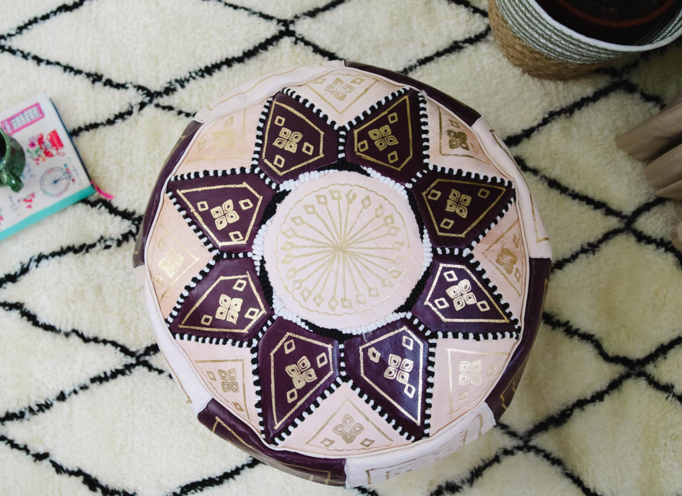 Moroccan Leather Pouf in Chocolate & Gold - Leather Poufe Ottoman Floor Pouffs