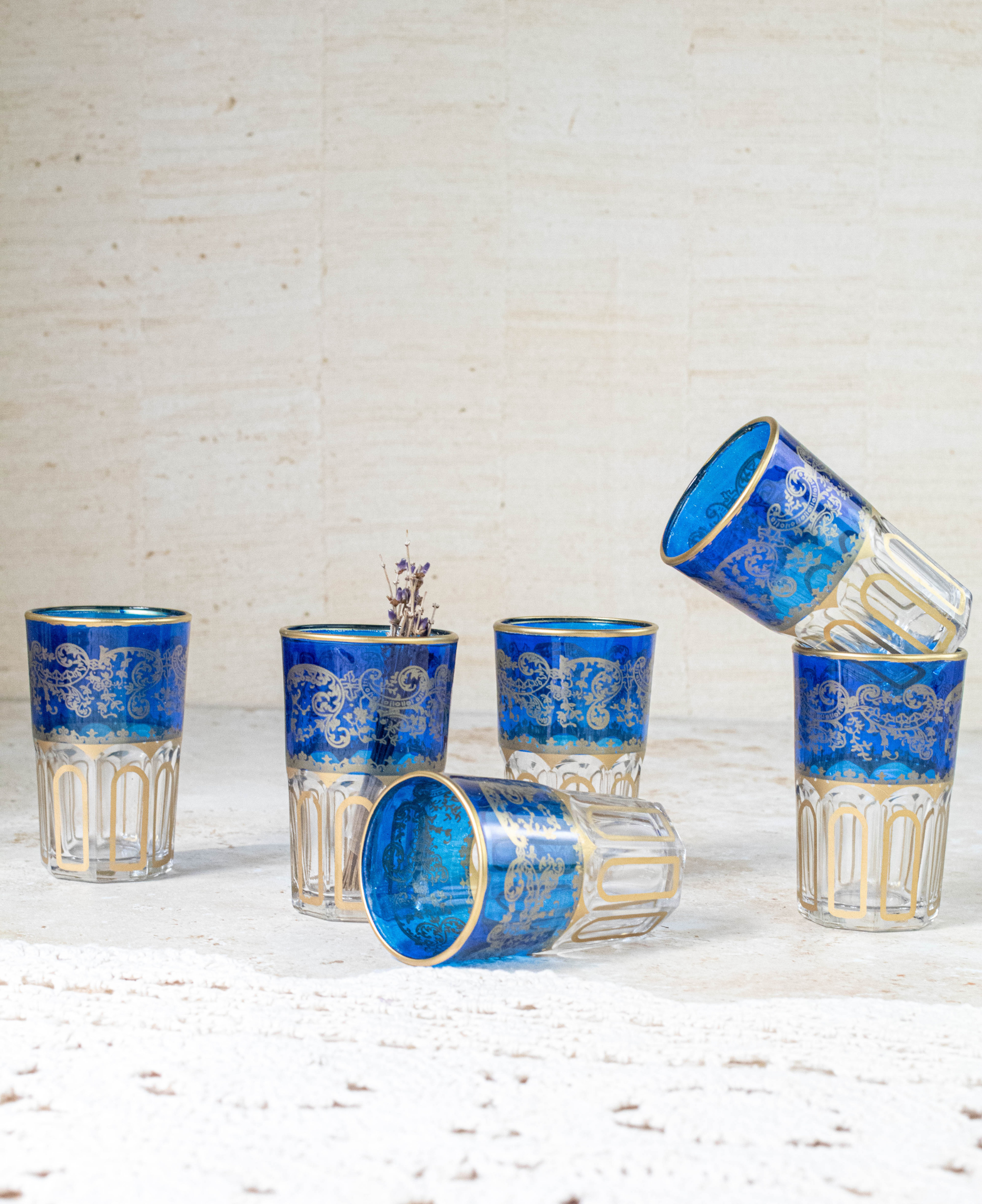 Set of 6 Handcrafted Blue Moroccan Tea Glasses