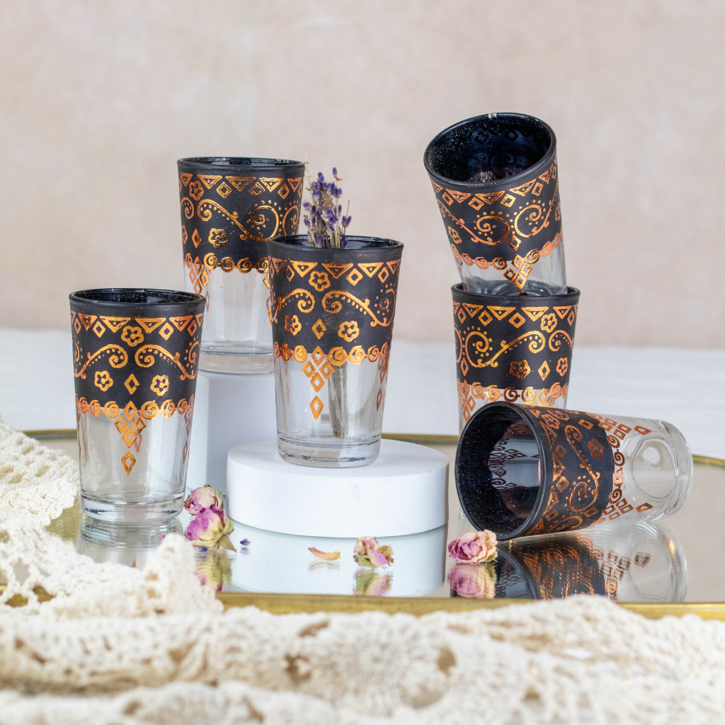 Moroccan Tea Glasses with Gold Decoration Set of 6