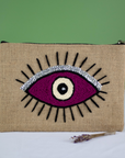 Hand-Embroidered Moroccan Hessian Purse with Eye – Coin and Card Pouch