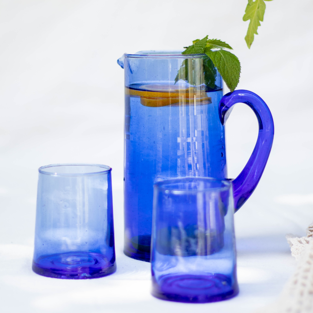 Set of 6 Recycled Moroccan Tumbler Highball Beldi Glass Blue