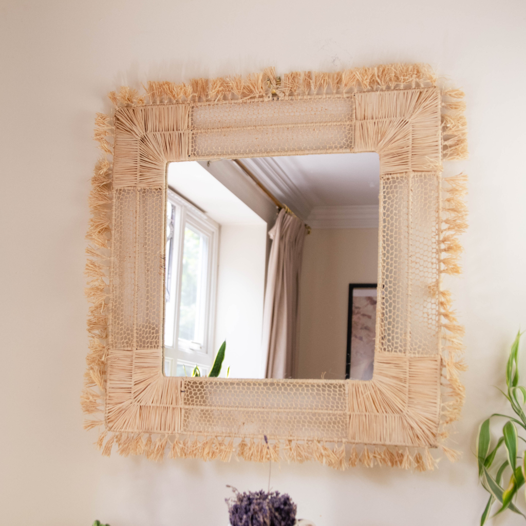 Bohemian Moroccan Handcrafted Wall Mirror: Square - Natural Raffia