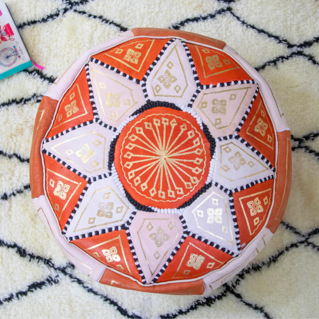 Moroccan Leather Floor Pouffe/Ottoman: Orange & Gold