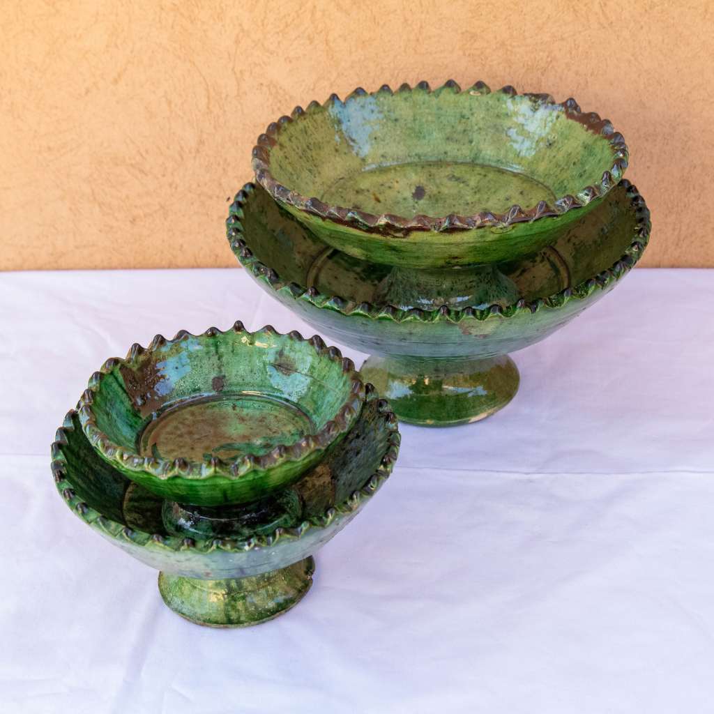 Moroccan Vintage Green Glazed Pedestal Fruit Bowl