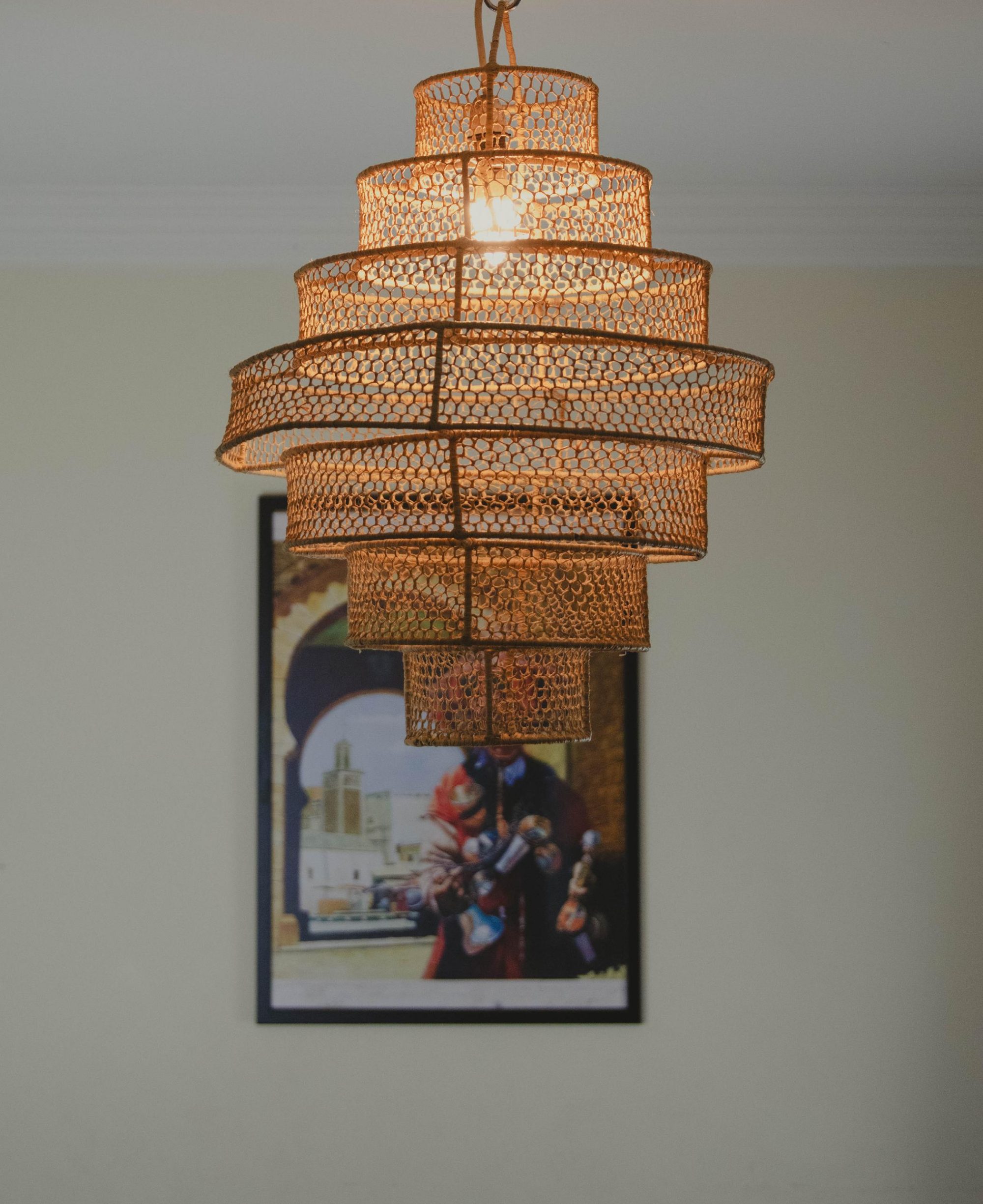 Raffia Pendant Light Bohemian Lace Suspension Doum Lamp Pendant - Moroccan Handmade Straw Shade - Wicker Chandelier