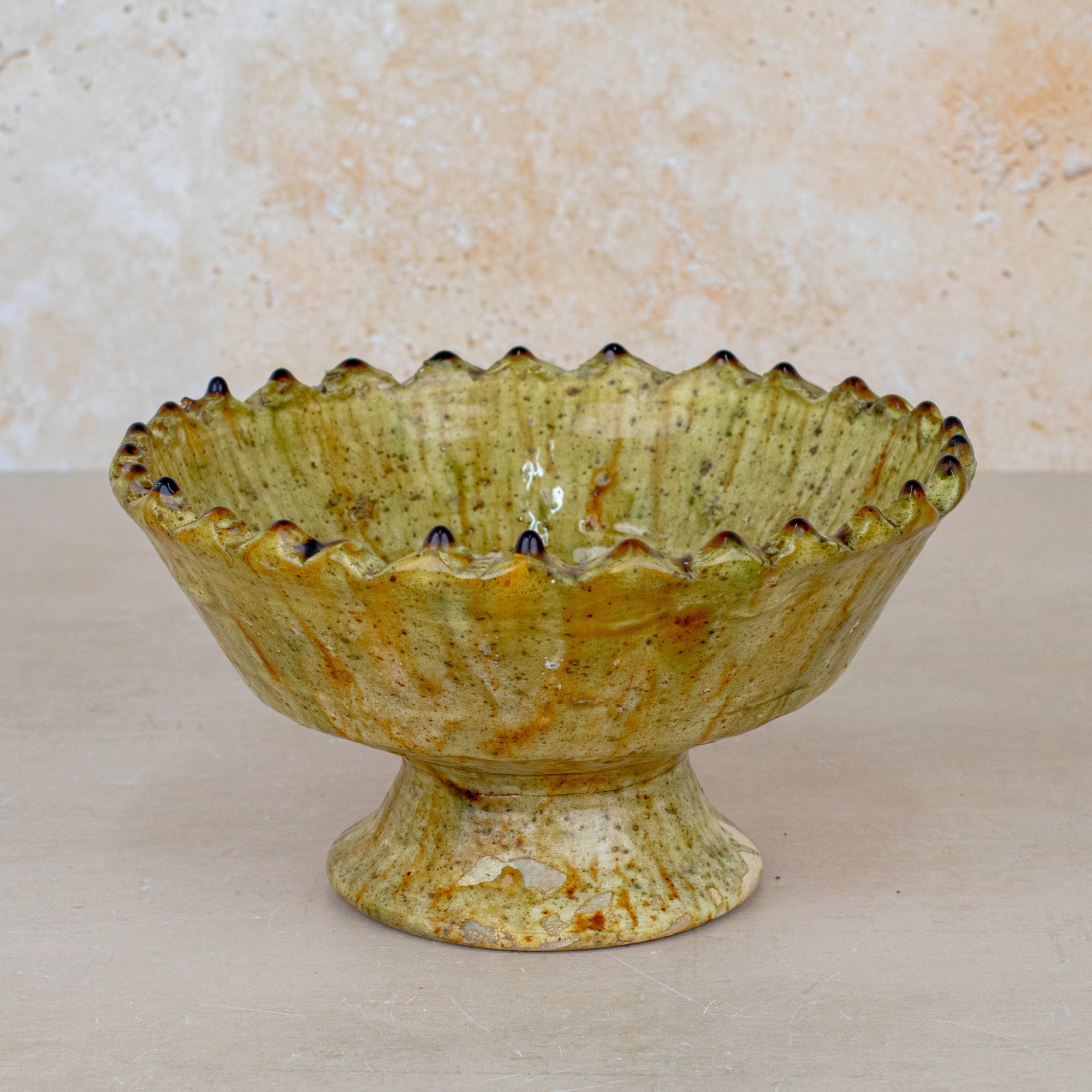 Handmade Tamegroute Pottery Pedestal Bowl - Ochre
