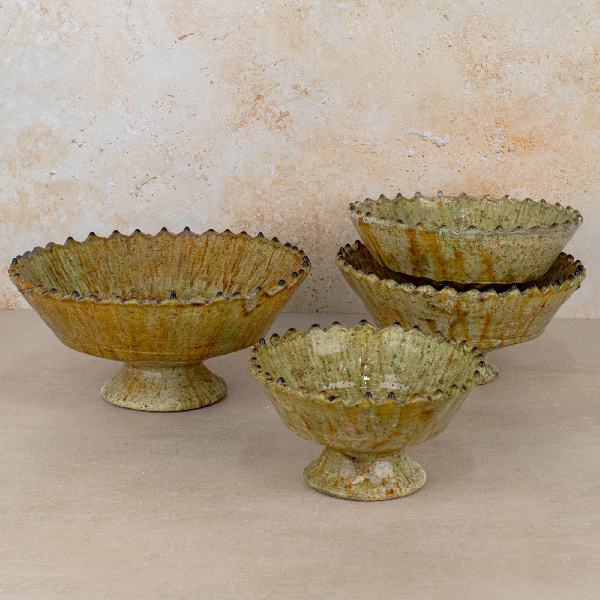 Handmade Tamegroute Pottery Pedestal Bowl - Ochre
