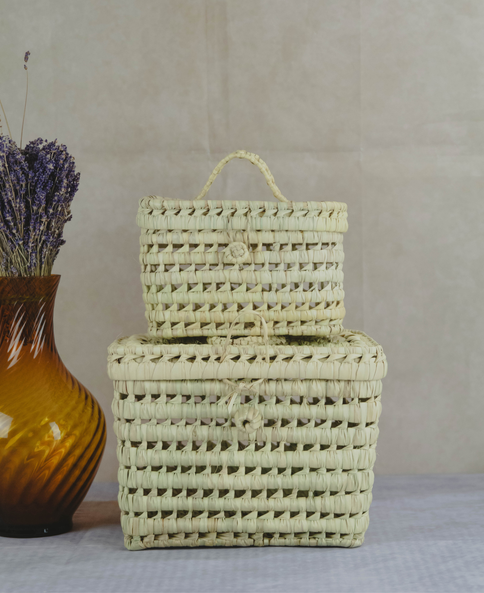 Set of 2 Wicker Storage Trunk Baskets - Handcrafted Moroccan Palm Leaf Baskets