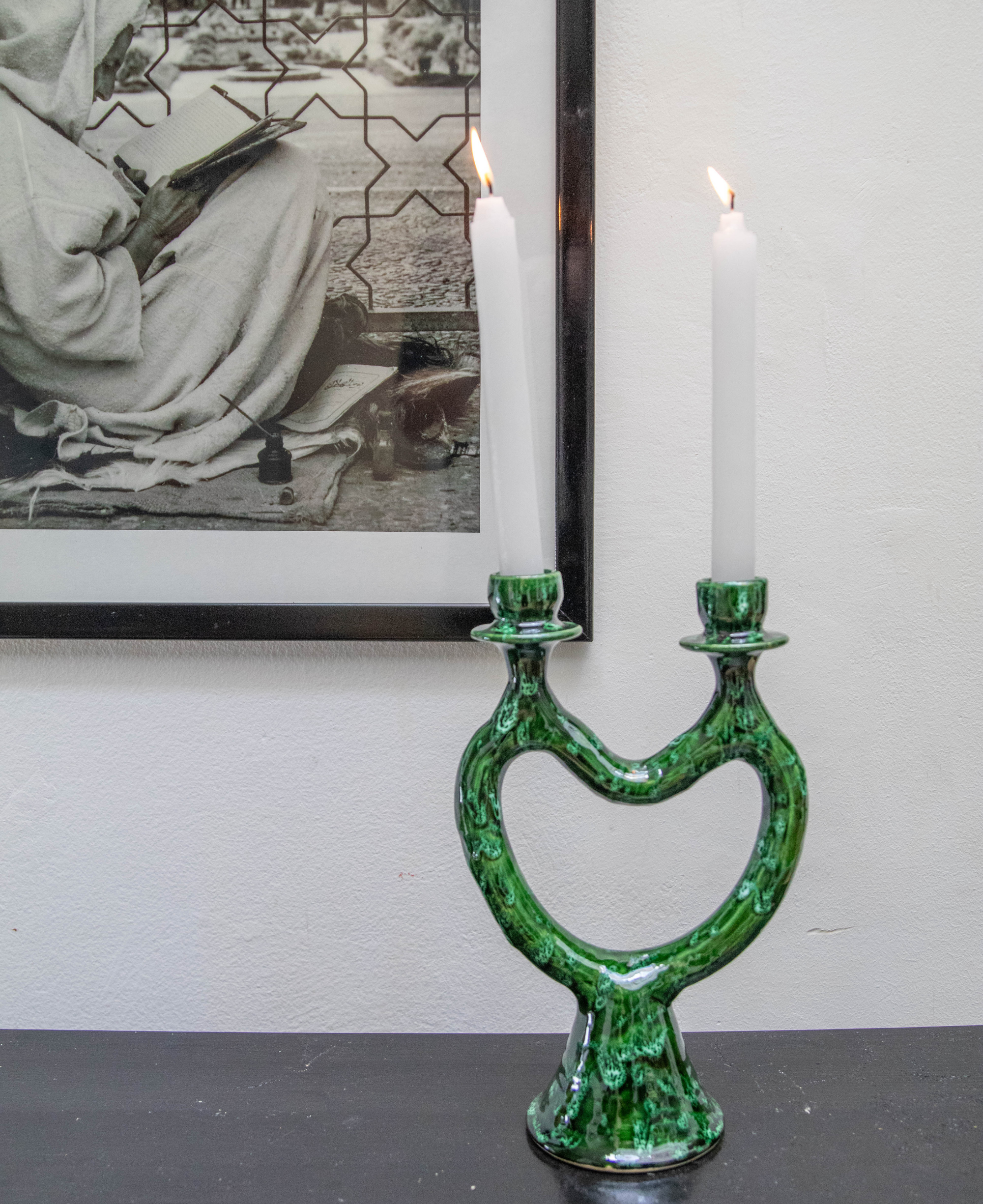 Handmade Green Ceramic Glazed Candlestick