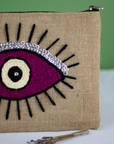 Hand-Embroidered Moroccan Hessian Purse with Eye – Coin and Card Pouch