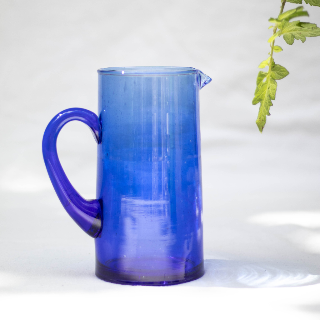 Handblown Recycled Moroccan Glass Beldi Water Jug – Amber, Blue, Green