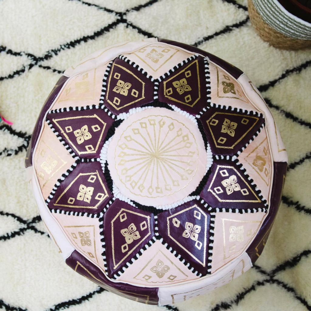 Moroccan Leather Floor Pouffe/Ottoman: Chocolate & Gold