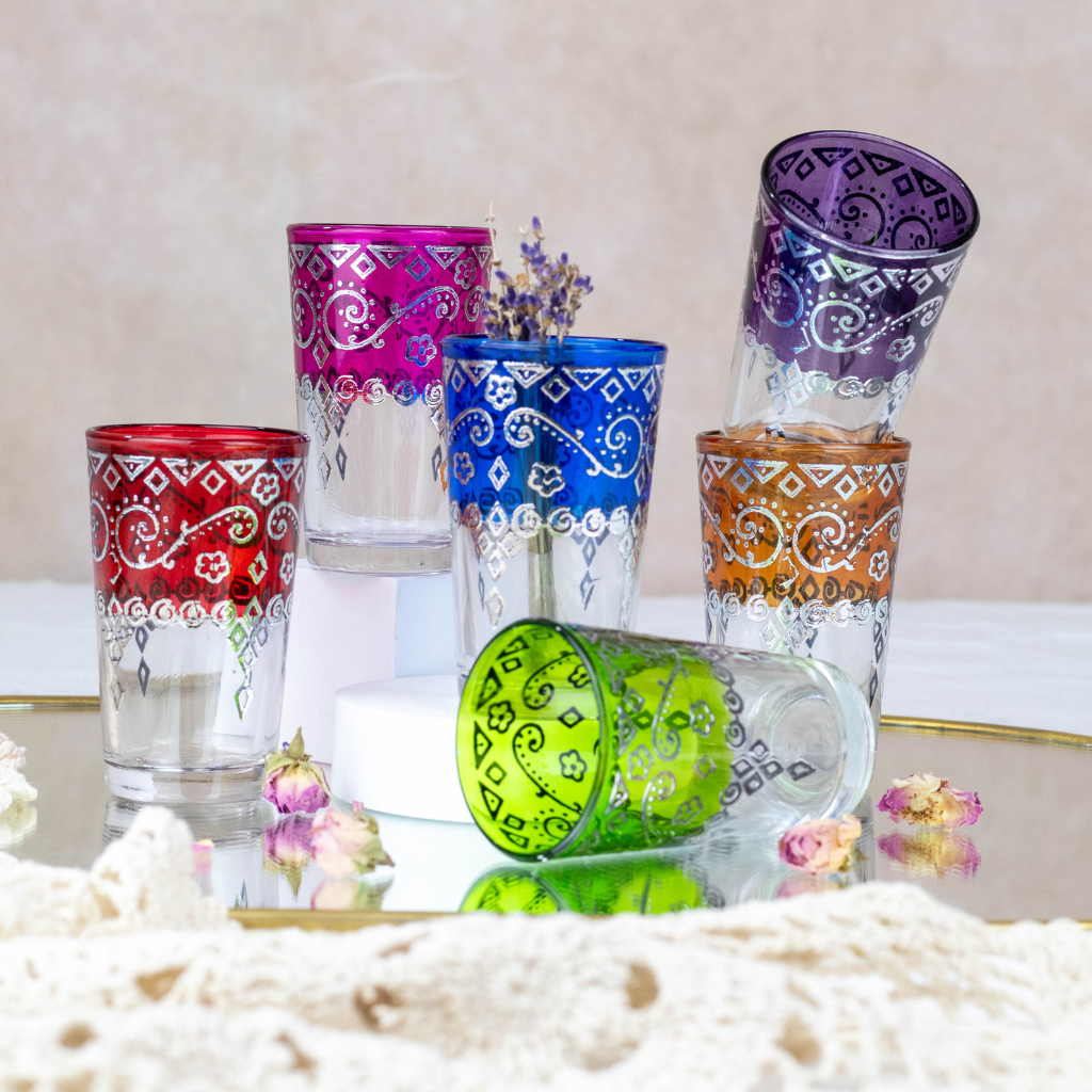 Moroccan Tea Glasses Multi-Coloured with Silver Pattern Set of 6