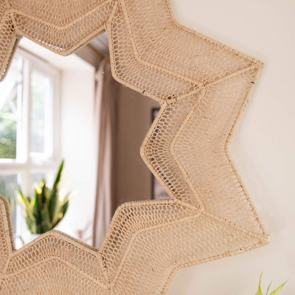 Moroccan Handcrafted Wall Mirror: Star Shaped - Natural Raffia