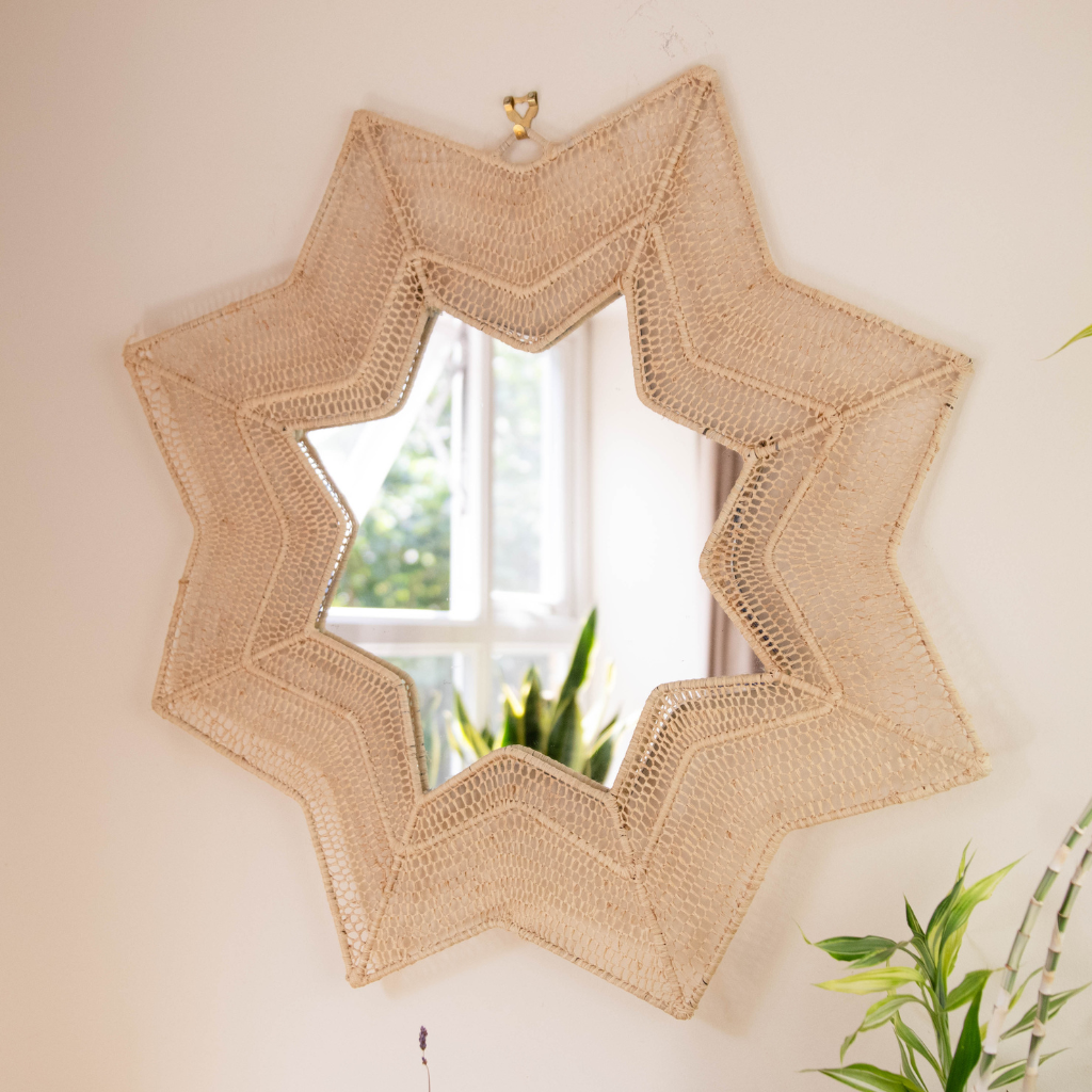 Moroccan Handcrafted Wall Mirror: Star Shaped - Natural Raffia