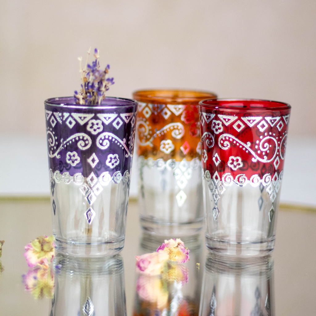 Moroccan Tea Glasses Multi-Coloured with Silver Pattern Set of 6