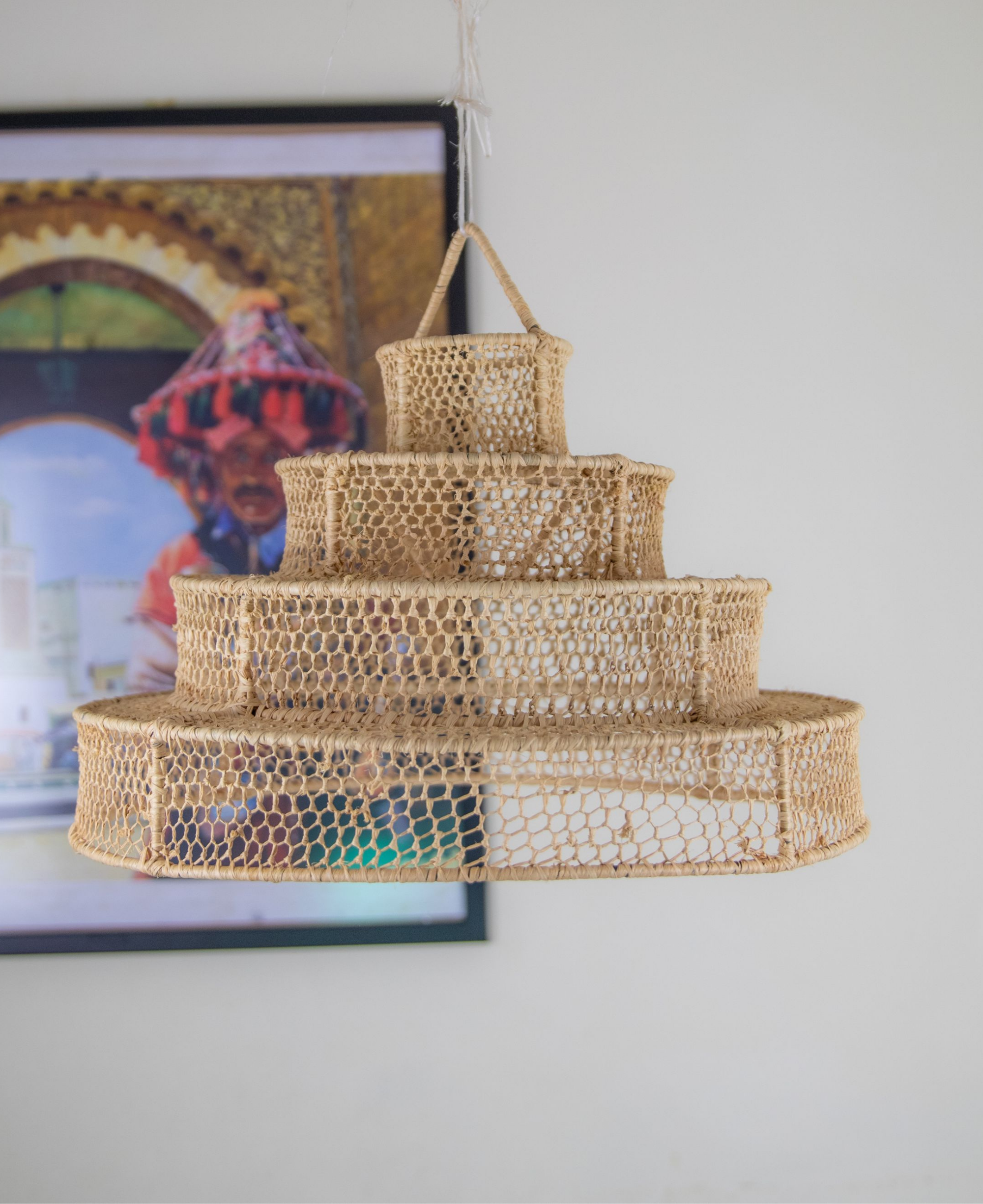 Bohemian Lace Raffia Suspension Doum Light Pendant - Handmade Moroccan Straw Shade Chandelier