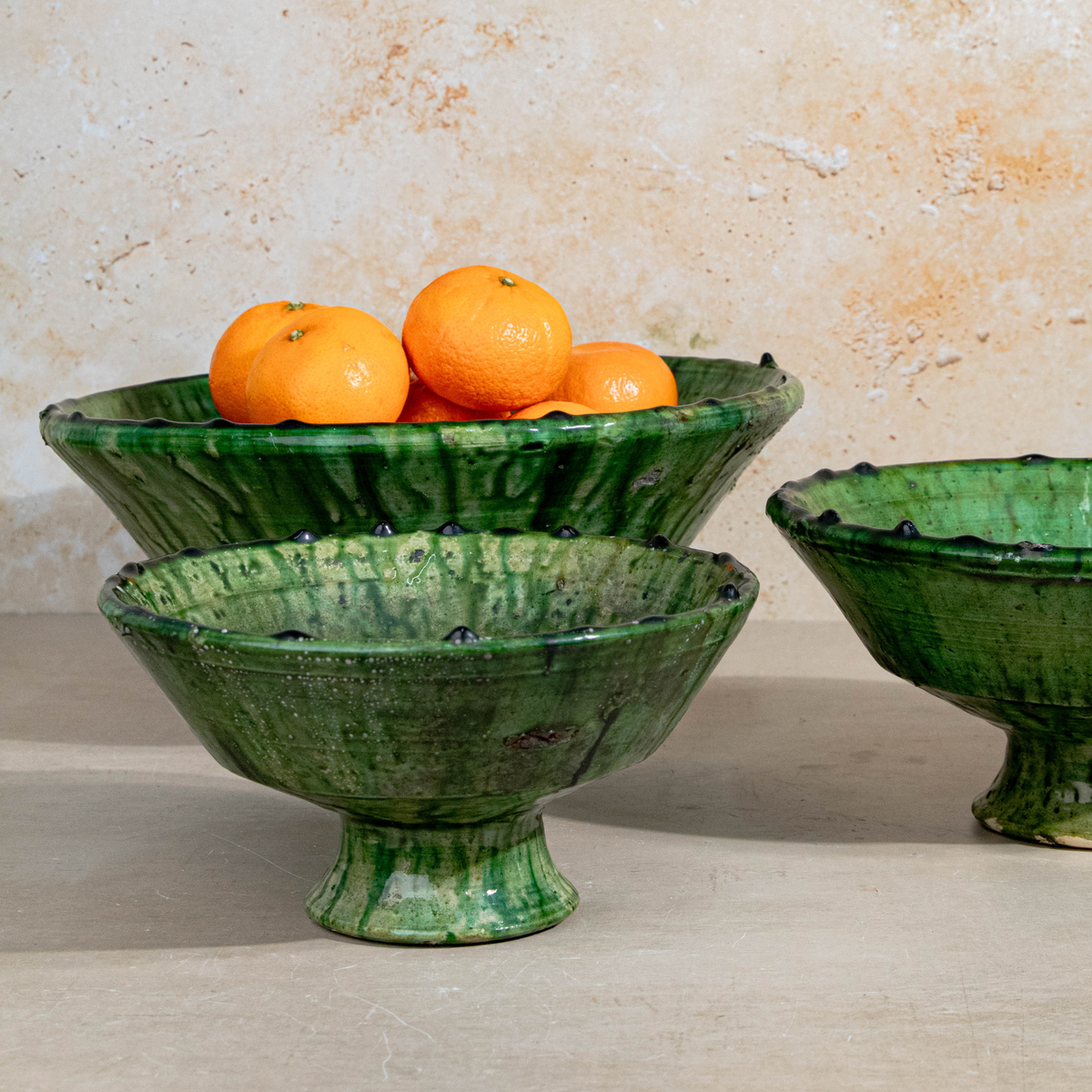Handmade Tamegroute Green Pedestal Bowl – Scalloped Rim