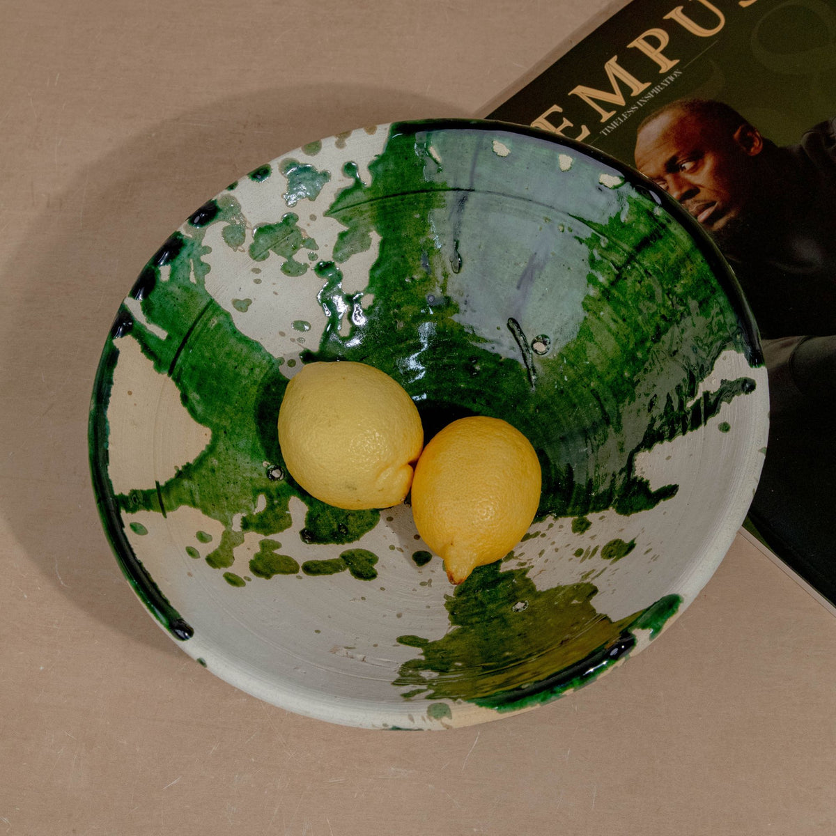 Handmade Tamegroute Bowl - Green (Half-Glazed Splatter)
