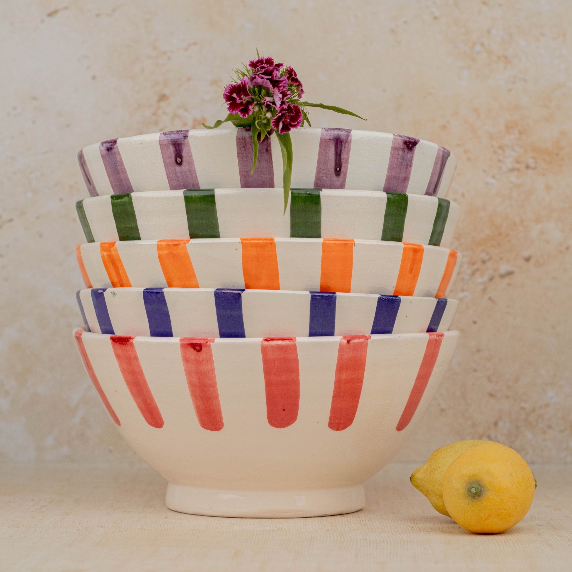 Handmade Moroccan Ceramic Bowl - Red Stripes
