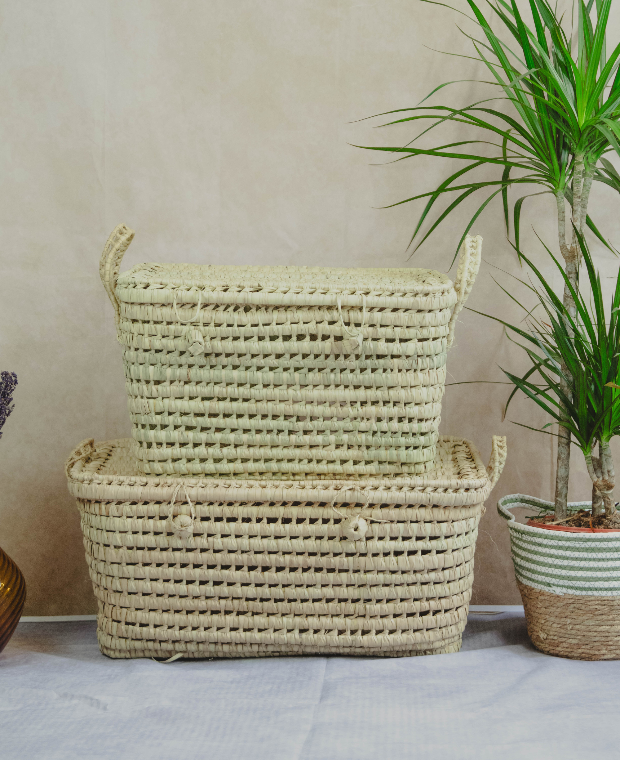 Set of 2 Wicker Storage Trunk Baskets - Handcrafted Moroccan Palm Leaf Baskets 40cm &amp; 60cm
