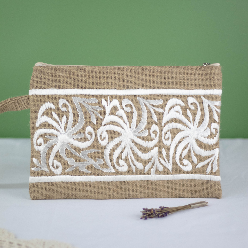 Moroccan Hand-Embroidered Hessian Clutch, White