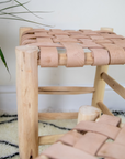 Boho Chic Wooden Stool with Braided Leather Seat - Handmade Moroccan FootstoolMoroccan Laurel Wood Footstool: Braided Leather Seating