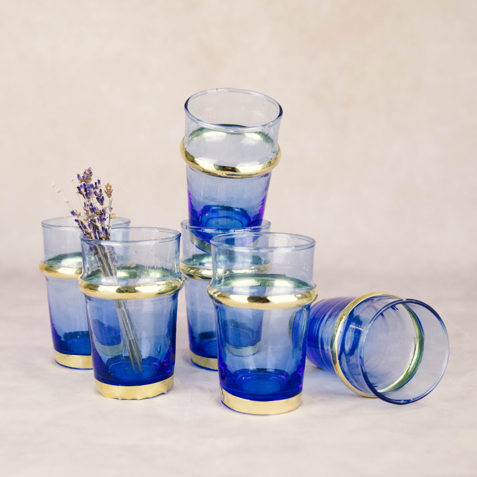 Set of 6 Hand-Blown Beldi Moroccan Tea Glasses with Gold Accents (Blue)