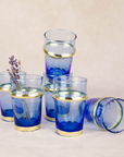 Set of 6 Hand-Blown Beldi Moroccan Tea Glasses with Gold Accents (Blue)