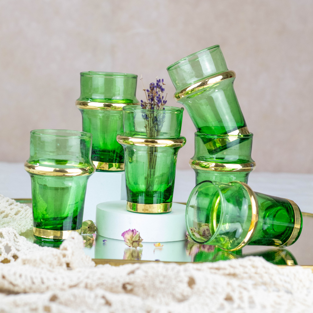 Set of 6 Hand-Blown Beldi Moroccan Tea Glasses with Gold Accents Green