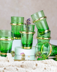 Set of 6 Hand-Blown Beldi Moroccan Tea Glasses with Gold Accents Green