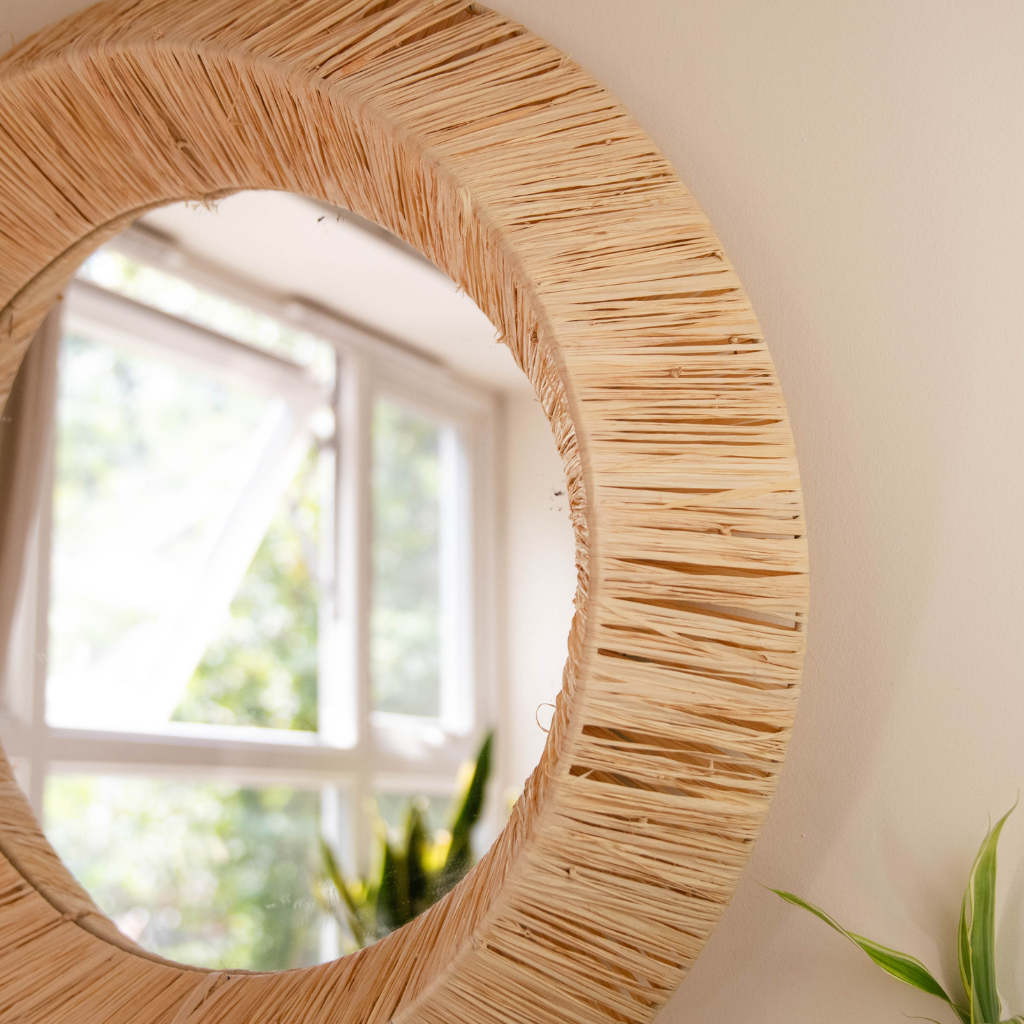 Moroccan Handcrafted Wall Mirror: Round - Natural Raffia