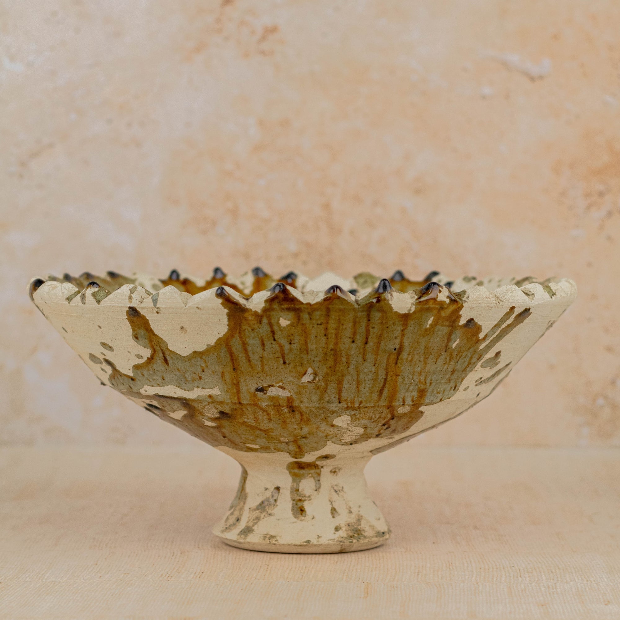 Handmade Tamegroute Pedestal Bowl - Ochre (Half-Glazed Splatter)