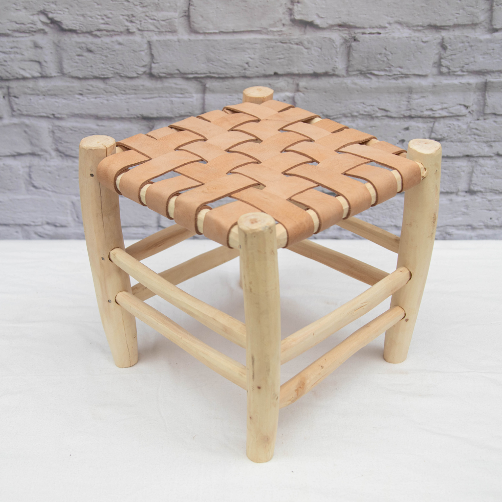 Moroccan Laurel Wood Footstool: Braided Leather Seating